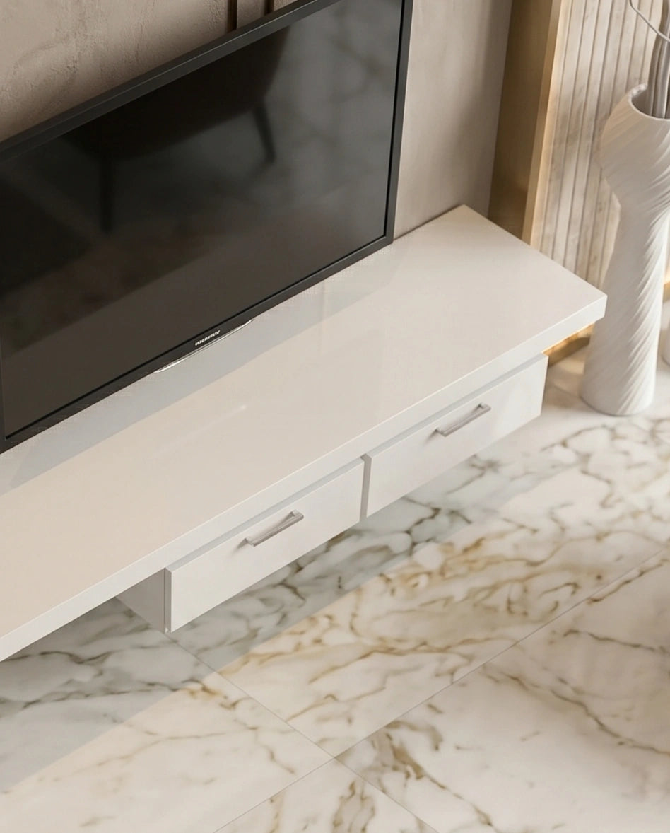 Ultra-Long Minimalist White TV Ledge & Console Arris Concepts