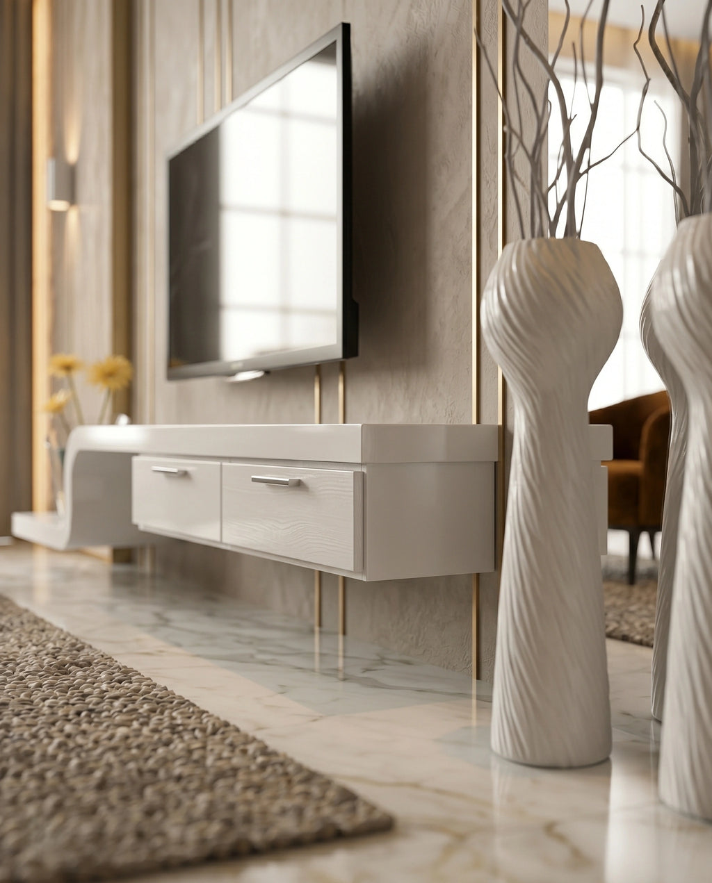 Ultra-Long Minimalist White TV Ledge & Console Arris Concepts