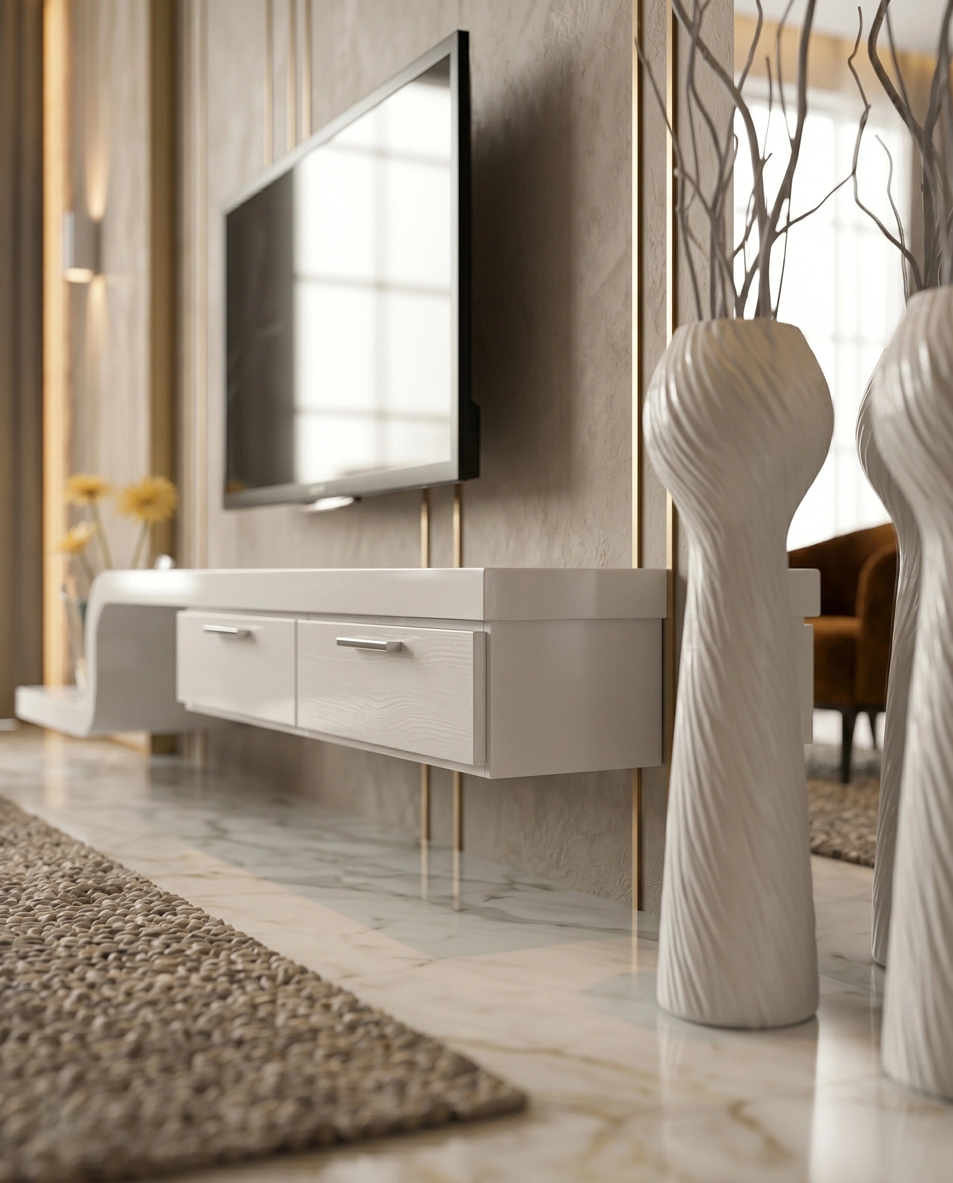 Ultra-Long Minimalist White TV Ledge & Console Arris Concepts
