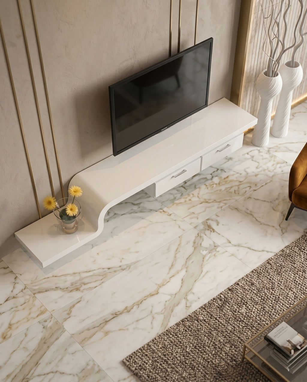 Ultra-Long Minimalist White TV Ledge & Console Arris Concepts
