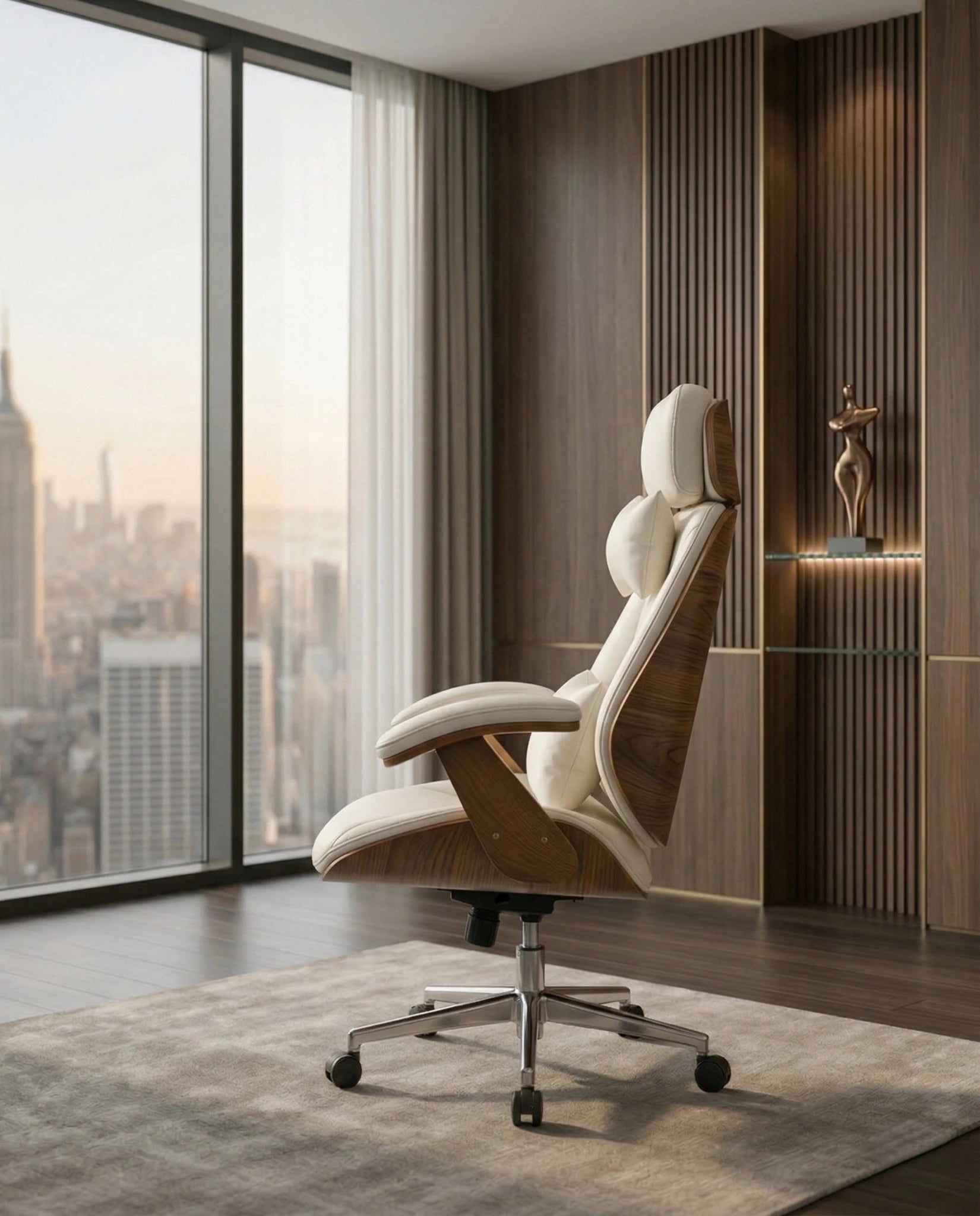 A white leather and wood office chair and modern executive desk chair by Arris Concepts Luxury Pvt. Ltd.