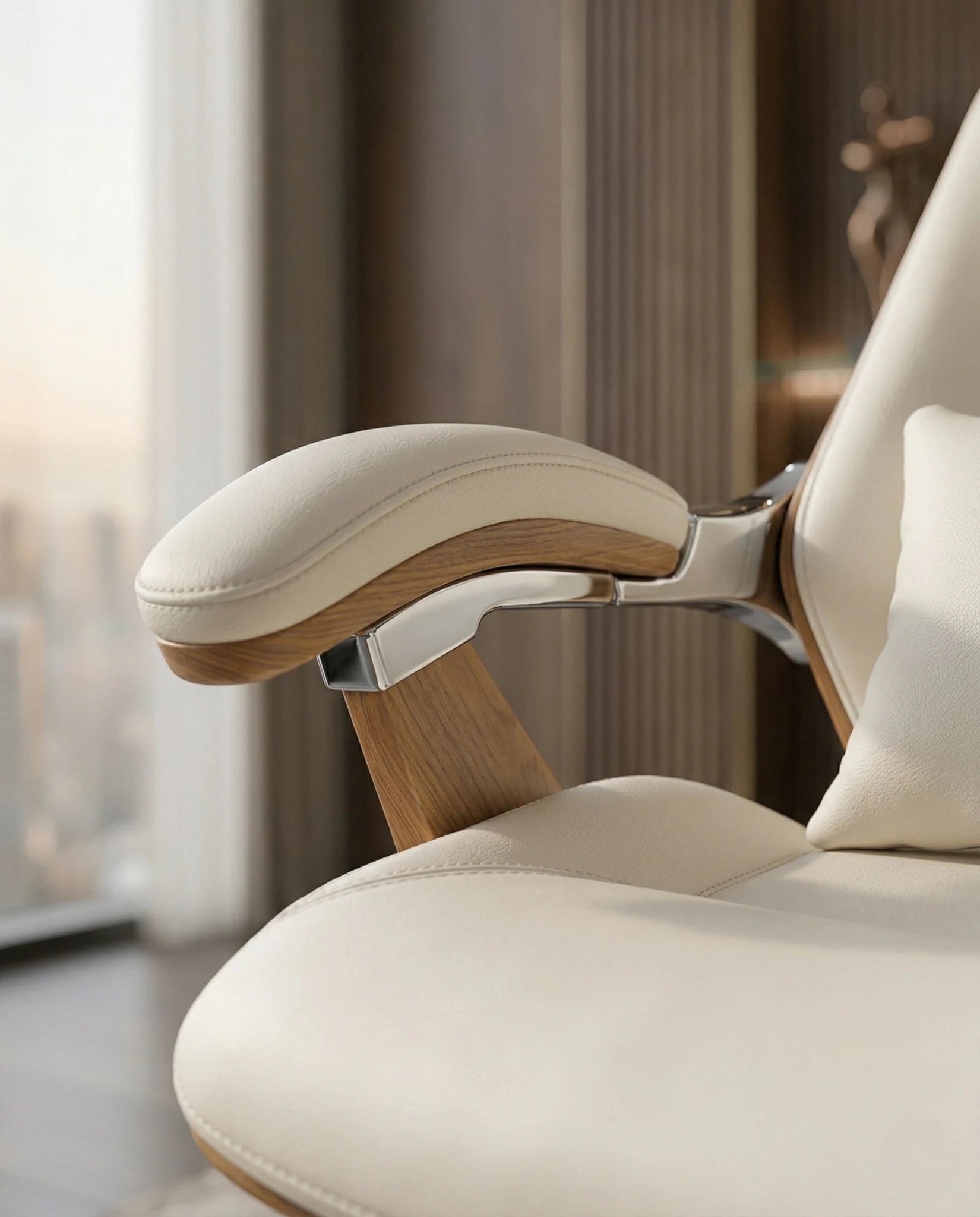 A white leather and wood office chair and modern executive desk chair by Arris Concepts Luxury Pvt. Ltd.