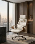 A white leather and wood office chair and modern executive desk chair by Arris Concepts Luxury Pvt. Ltd.