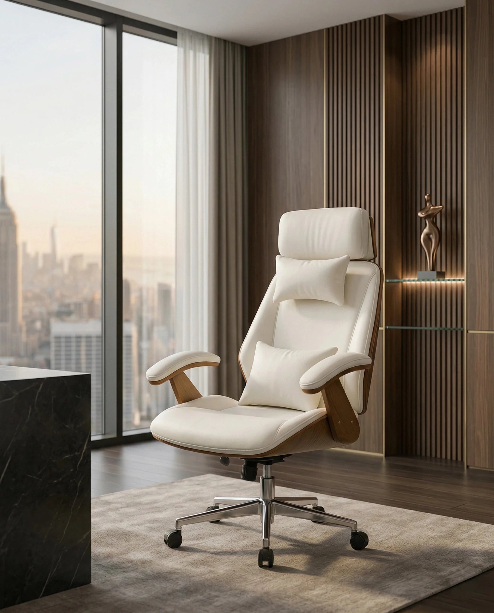 A white leather and wood office chair and modern executive desk chair by Arris Concepts Luxury Pvt. Ltd.