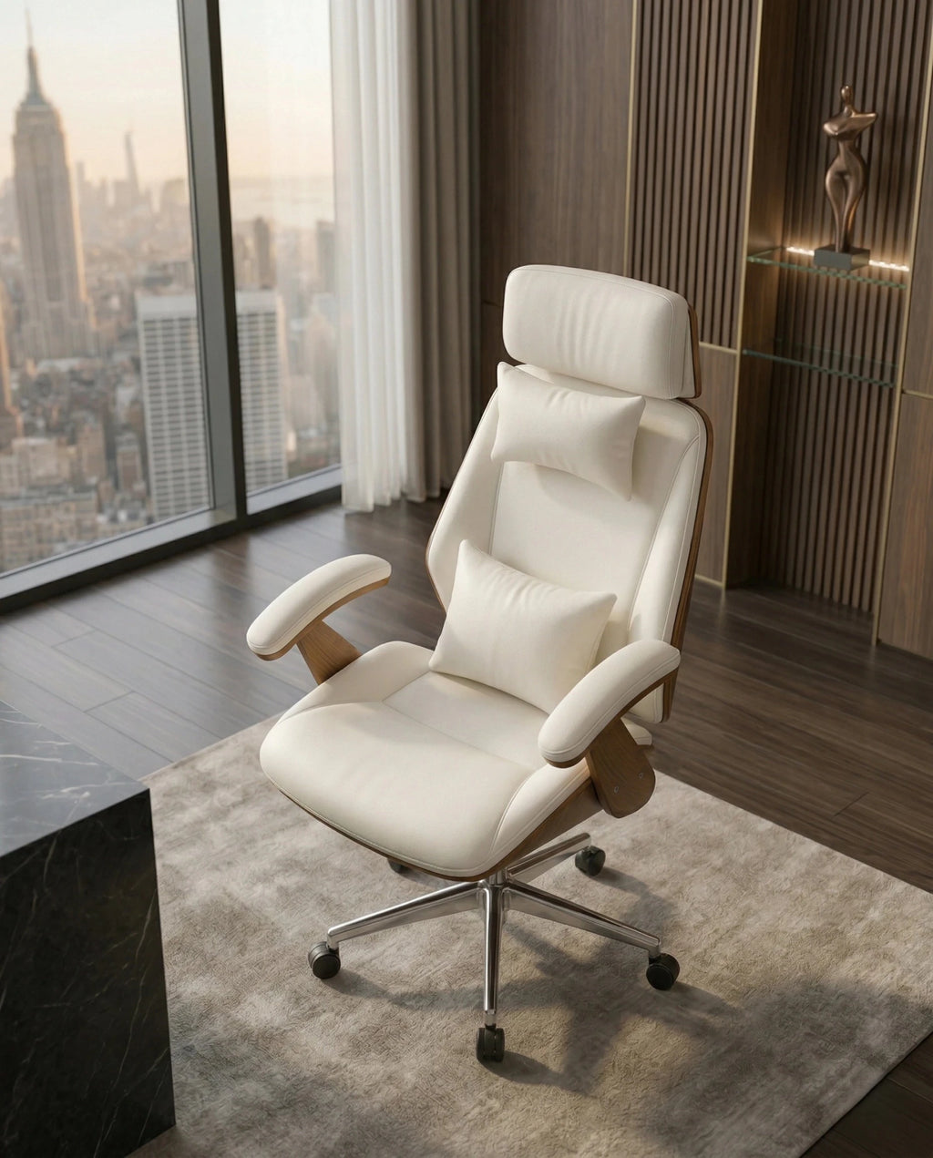 A white leather and wood office chair and modern executive desk chair by Arris Concepts Luxury Pvt. Ltd.