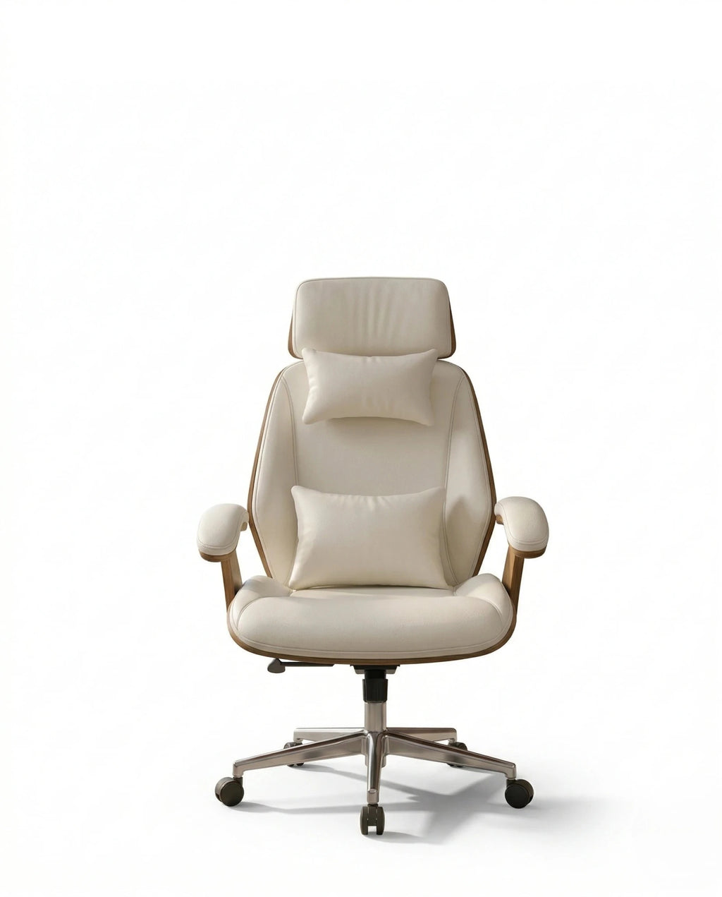 A white leather and wood office chair and modern executive desk chair by Arris Concepts Luxury Pvt. Ltd.