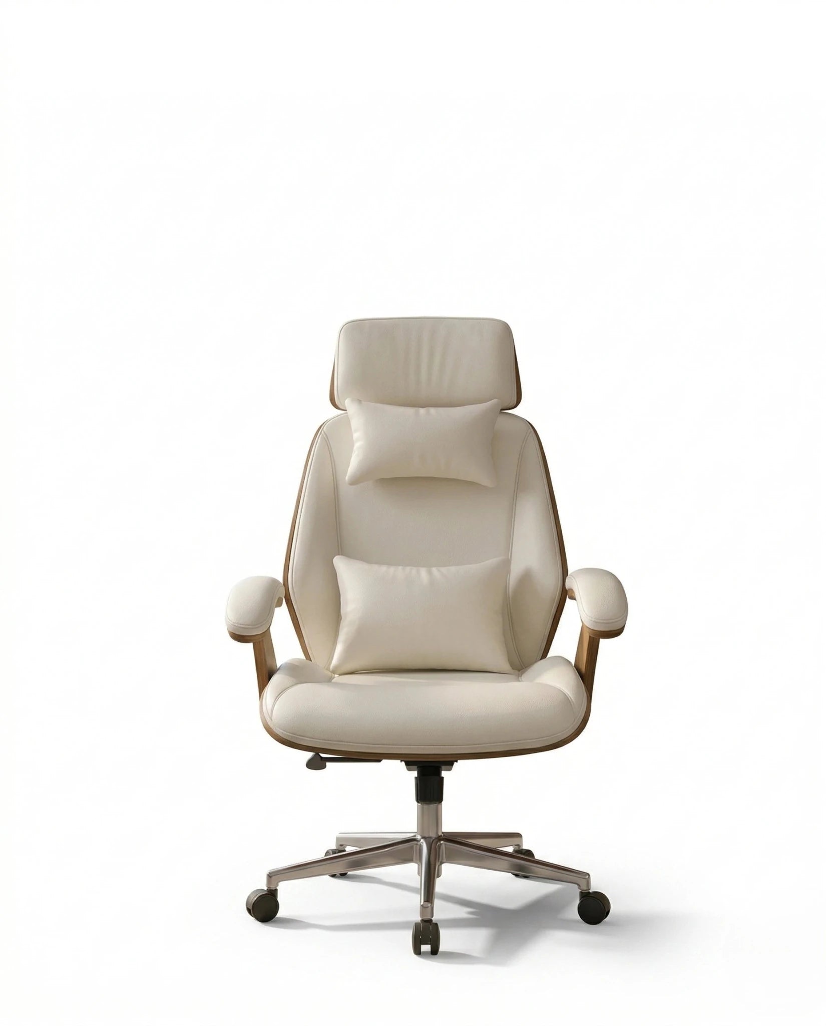 A white leather and wood office chair and modern executive desk chair by Arris Concepts Luxury Pvt. Ltd.