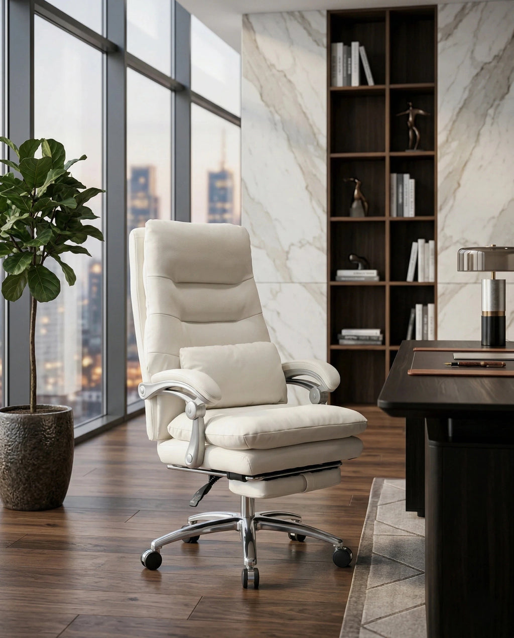 A white leather reclining office chair and modern executive desk chair by Arris Concepts Luxury Pvt. Ltd.