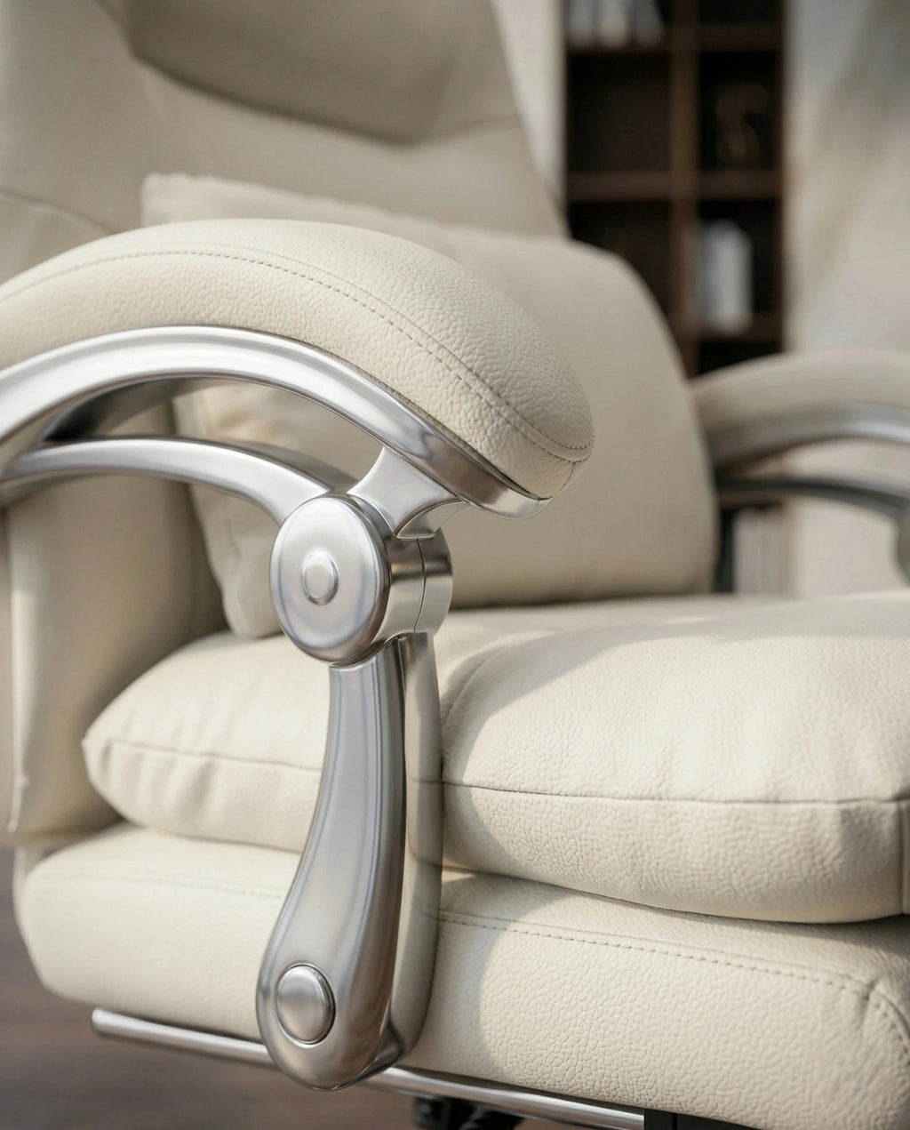 A white leather reclining office chair and modern executive desk chair by Arris Concepts Luxury Pvt. Ltd.