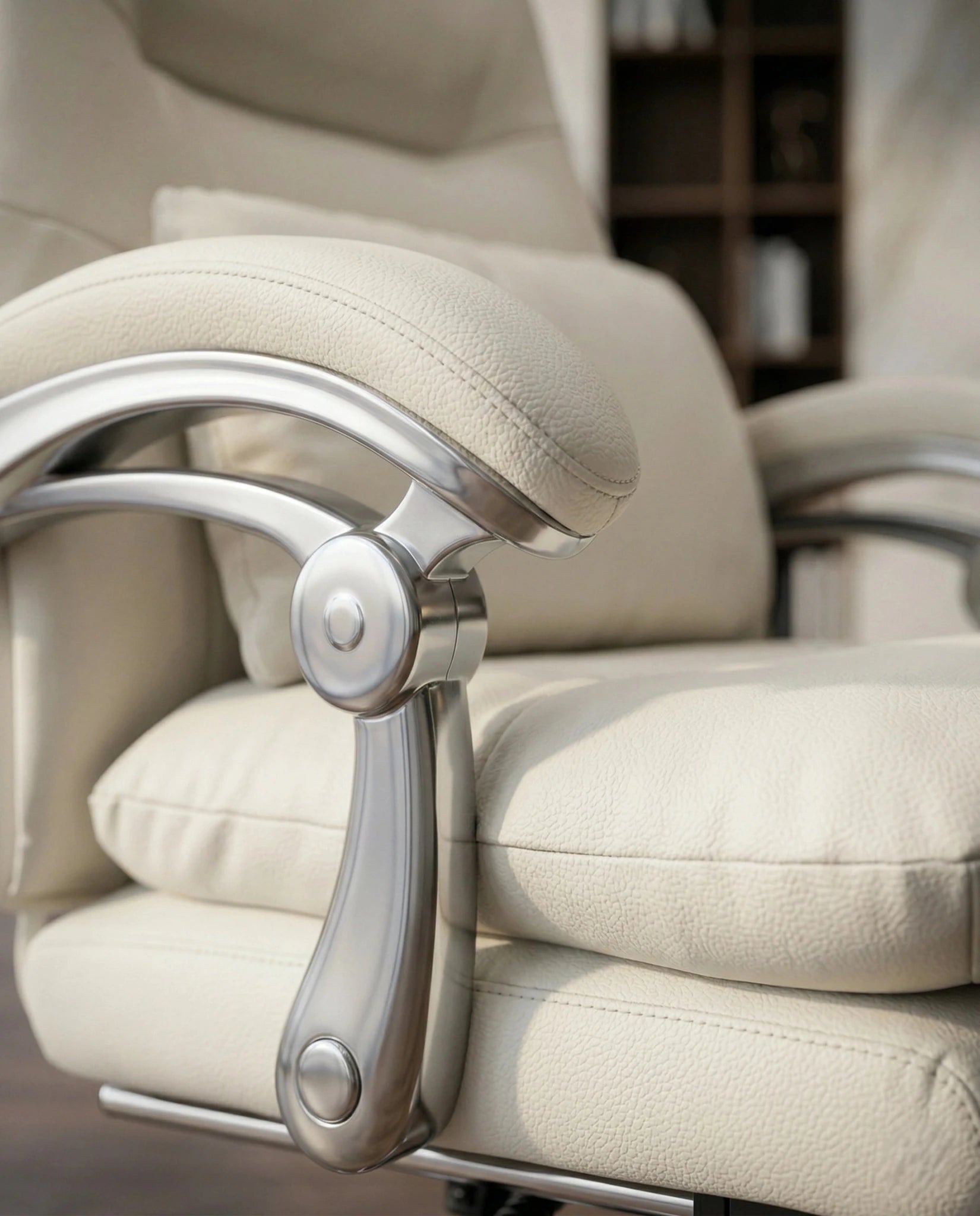 A white leather reclining office chair and modern executive desk chair by Arris Concepts Luxury Pvt. Ltd.