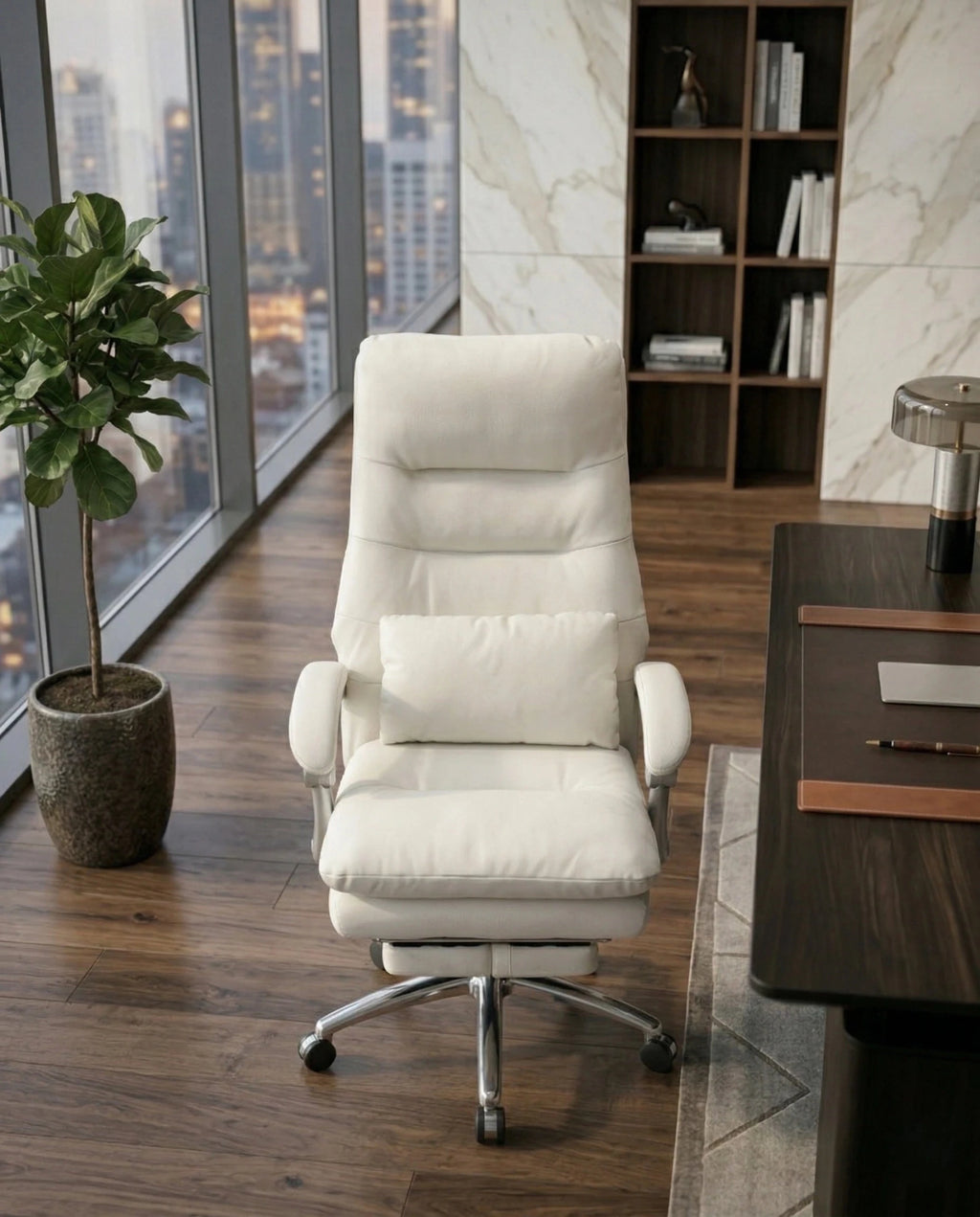 A white leather reclining office chair and modern executive desk chair by Arris Concepts Luxury Pvt. Ltd.