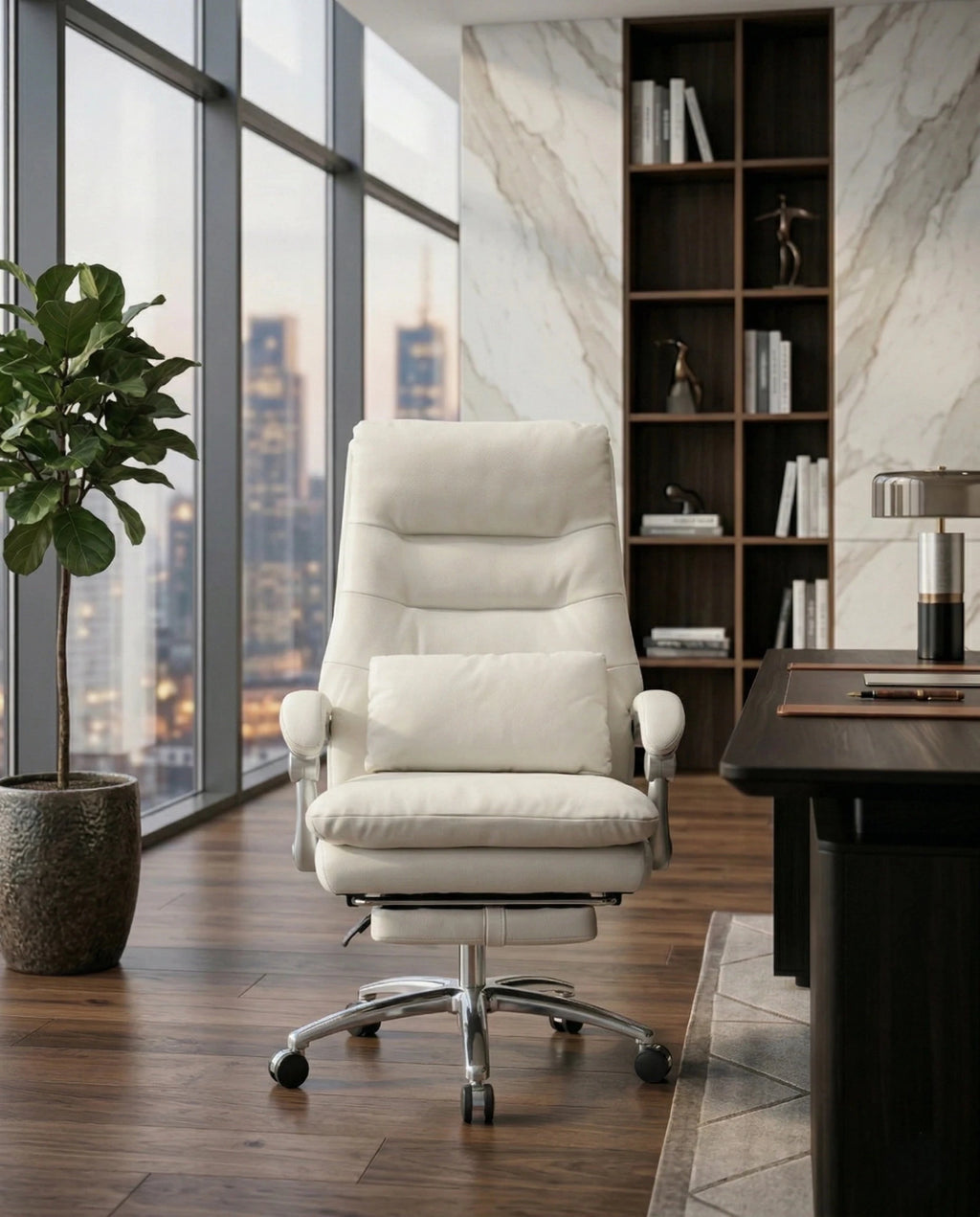 A white leather reclining office chair and modern executive desk chair by Arris Concepts Luxury Pvt. Ltd.