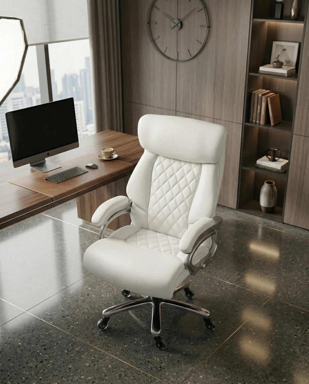 A white tufted executive desk chair and designer white home office seating by Arris Concepts Luxury Pvt. Ltd.