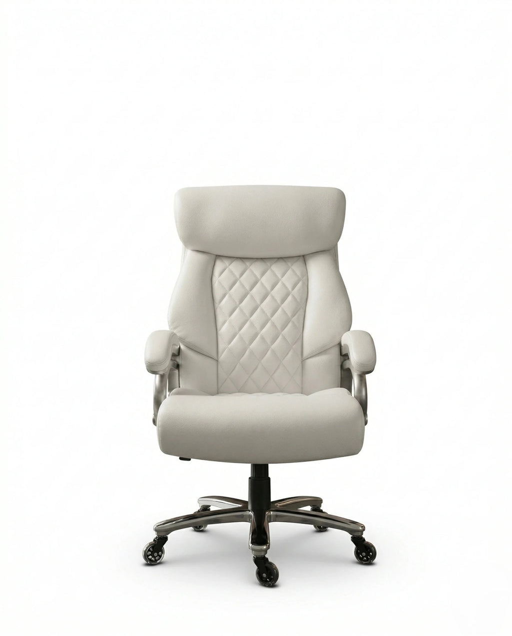 A white tufted executive desk chair and designer white home office seating by Arris Concepts Luxury Pvt. Ltd.
