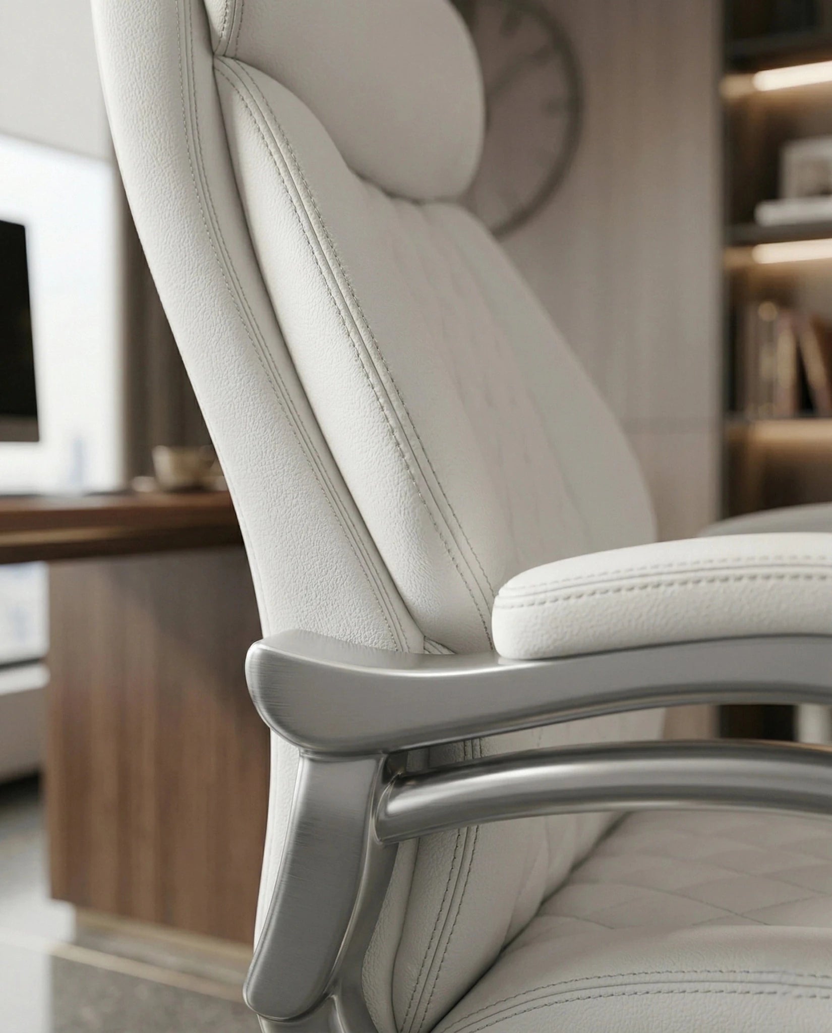 A white tufted executive desk chair and designer white home office seating by Arris Concepts Luxury Pvt. Ltd.
