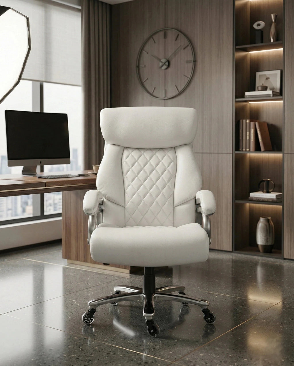 A white tufted executive desk chair and designer white home office seating by Arris Concepts Luxury Pvt. Ltd.